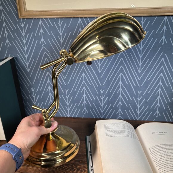Vintage Brass Shell Desk Lamp Adjustable Reading Light with Scalloped Shade - Picture 13 of 16